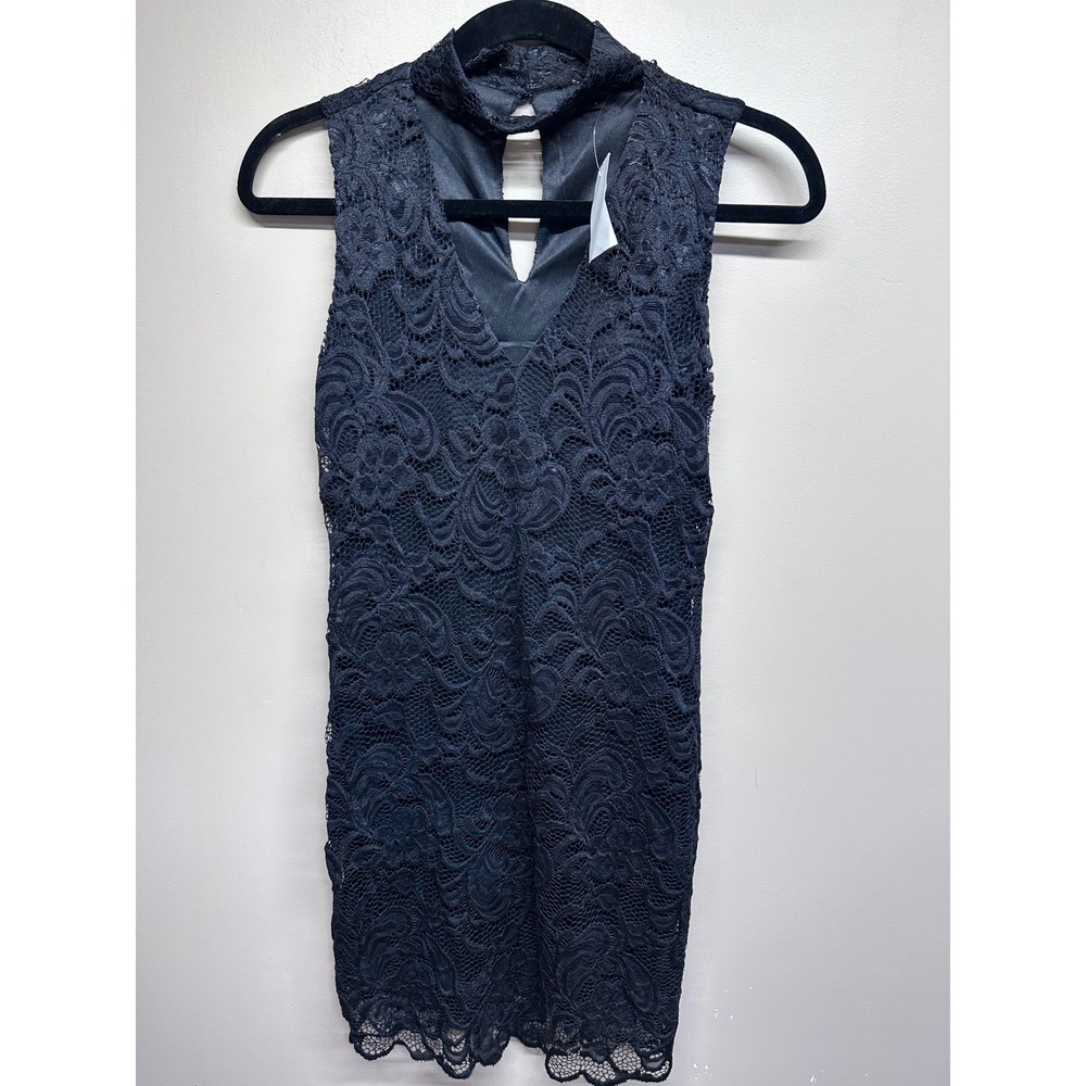 Ambiance Black Lace Mock Neck Keyhole Sleeveless Mini‎ Dress Size Small